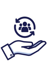 Hand supporting a customer relationship management and team icon.