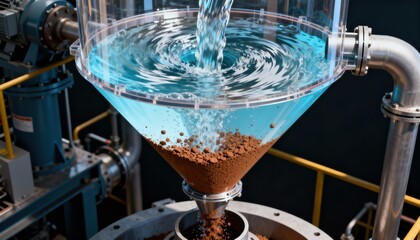 Hydrocyclone grit removal in action showing swirling water and sediment separation designed to protect machinery from abrasive particles.