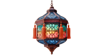 Decorative Moroccan Lantern with Intricate Patterns, Tassels and Colorful Glass Panels
