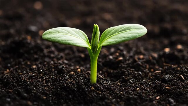 Beautiful time-lapse sequence showcasing a vibrant green seedling slowly emerging from fertile soil and unfurling its leaves, representing natural development natural process, environment, future