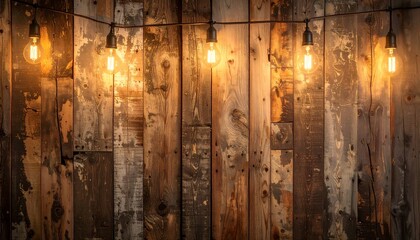 Rustic wooden backdrop with glowing light bulbs, perfect for an inviting and warm ambiance