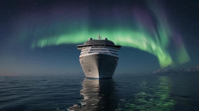 A grand cruise ship sails beneath the mesmerizing dance of the aurora borealis, creating an awe-inspiring vista of sea and sky.