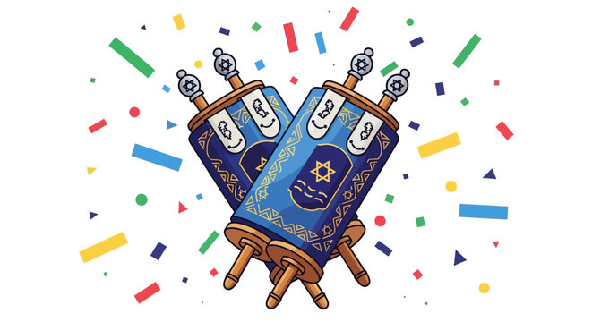Two ornate Torah scrolls with blue covers and gold accents, surrounded by colorful confetti.