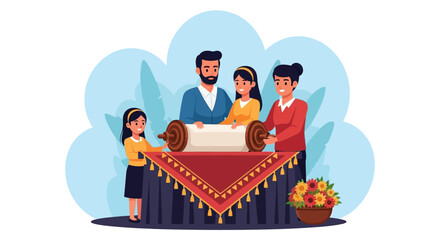 Family gathering around a Torah scroll, celebrating a religious ceremony with joy and togetherness.