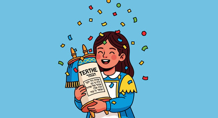 Girl holding Torah scroll with confetti falling on her.