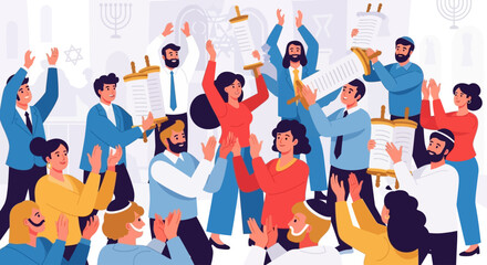 A vibrant illustration of a Jewish community celebrating a religious holiday, dancing joyfully with Torah scrolls.