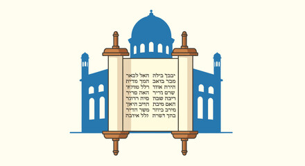 A stylized illustration of a Torah scroll with Hebrew text, set against a blue silhouette of a synagogue, representing Jewish culture and religion.