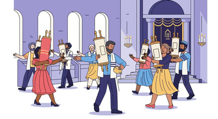 Illustration of people celebrating with Torah scrolls inside a synagogue, a religious ceremony.