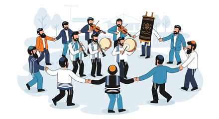 Jewish men dancing in a circle with musicians and a Torah scroll.