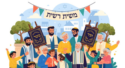 A diverse group of Jewish people, including children and elders, joyfully celebrating a religious holiday, holding Torah scrolls and wearing traditional attire.