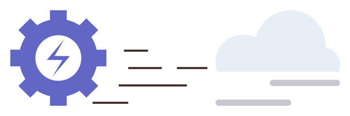 Purple gear with a lightning bolt emits dynamic motion lines connecting to a cloud. Ideal for energy, innovation, technology, cloud computing, data transfer, efficiency, and sustainability concepts