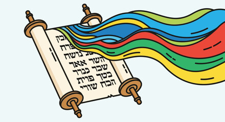 An illustration of an unrolled Torah scroll with Hebrew text, from which vibrant, colorful wavy lines flow outwards, symbolizing knowledge or divine emanation.