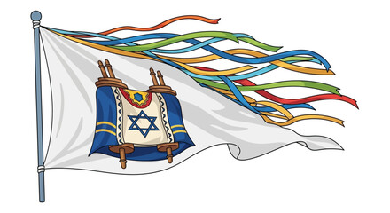 Illustration of a white flag with a Torah scroll and colorful ribbons blowing in the wind.