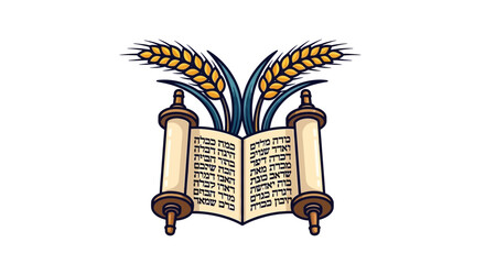 Open Torah scroll with wheat stalks, religious symbol illustration.