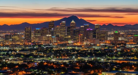 Obraz premium Majestic panorama showcasing phoenix arizona skyline during vibrant sunset illumination, captivating