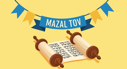 Illustration of a Torah scroll with the words 'Mazal Tov' on a banner, celebrating a Jewish event.