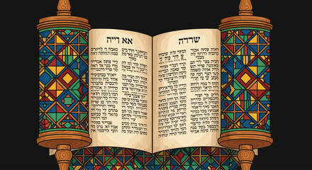 Open Torah scroll with Hebrew text and colorful decorative handles.