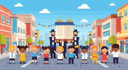 A joyful Jewish holiday celebration with two men carrying a Torah scroll and a diverse group of children parading on a city street.