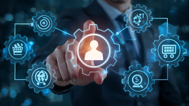 Interconnected gears displaying icons of a target, globe, magnifying glass, shopping cart, and marketing symbols. Represents customer targeting, digital marketing strategy, automation, business optimi