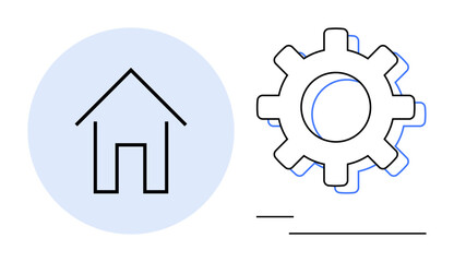 House outline inside a circle paired with a gear icon symbolizing home, community, mechanics, technology, development, integration, and cooperation. Ideal for housing, engineering system management