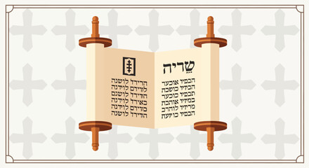 An illustration of a Torah scroll unfurled, displaying Hebrew text and symbols against a backdrop of repeating Christian crosses.