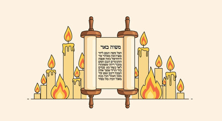 Illustration depicting a Torah scroll flanked by lit candles, symbolizing religious observance and tradition.