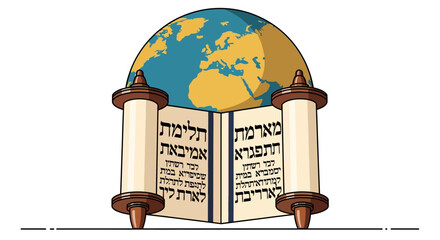 An open Torah scroll is displayed in front of a globe, symbolizing the global reach of Jewish teachings and scripture.