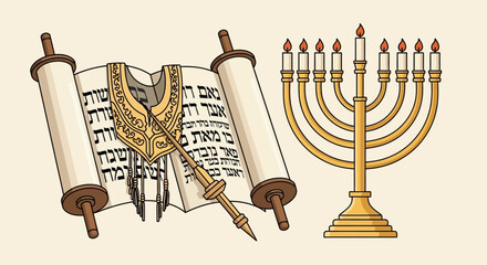 Illustration depicting a Torah scroll with a decorative pointer and a menorah with lit candles.