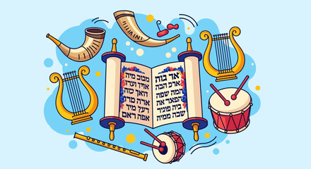 An open Torah scroll surrounded by traditional Jewish musical instruments like shofars, lyres, and drums.