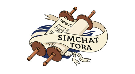Illustration of a Torah scroll with a banner that reads "Simchat Torah" wrapped around it, symbolizing a Jewish holiday.
