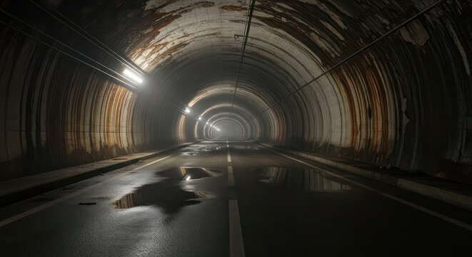 Eerie illuminated tunnel with reflective puddles, hinting at unseen journeys through forgotten