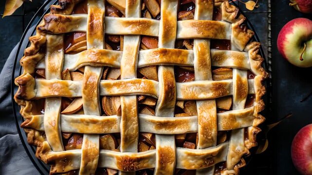 Apples pie with lattice crust: The freshly baked apple pie with its signature lattice crust is a dessert of pure indulgence, featuring succulent apple filling and a perfectly golden-brown crust.