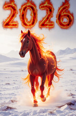 Year of the Red Fire Horse 2026. A mythical fire horse gallops across the snowy steppe. A symbol of the Chinese zodiac. The image is well suited for calendars and postcards