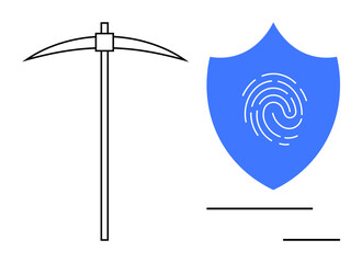 Pickaxe symbolizing data mining alongside shield with fingerprint representing digital security. Ideal for cybersecurity, technology, blockchain, hacking, authentication, cryptography, and network