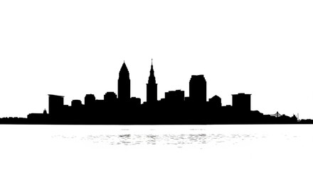 Naklejka premium A silhouette of a city skyline with tall buildings and a body of water in the foreground reflecting light