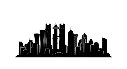 Obraz premium Silhouette of a cityscape featuring various tall buildings and skyscrapers against a white background view