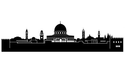 Black silhouette of jerusalem skyline with dome of the rock and various buildings and towers shown