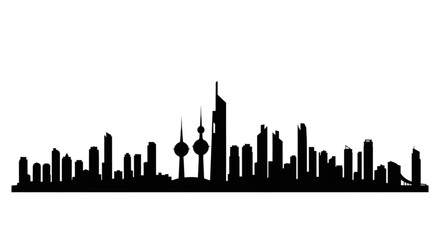 Obraz premium Silhouette illustration of a cityscape featuring various buildings and structures in a dark color against white