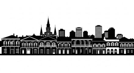 Fototapeta premium Silhouette of a cityscape with buildings and architectural details in black and white style illustration