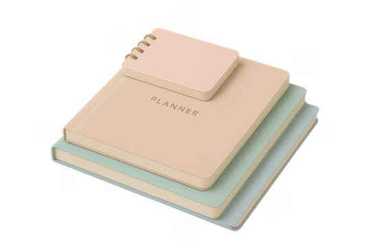 Stacked notebooks and planner for organization and planning