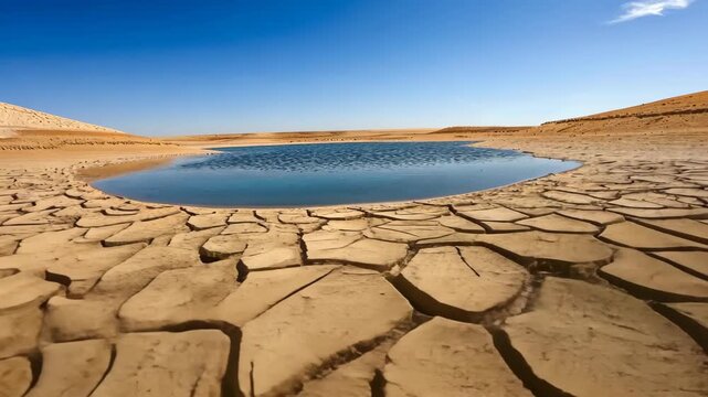 Cracked Earth Oasis: A serene pond rests amidst the cracked earth of an arid landscape, a testament to resilience under the vast blue sky.