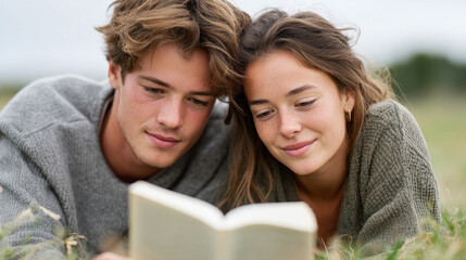 Friends enjoying a book outdoors