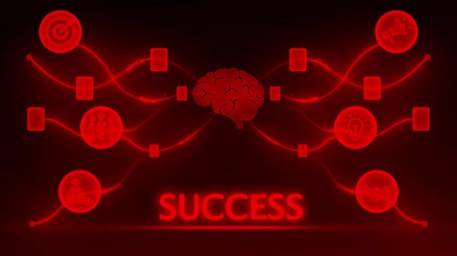 Red Neon Brain Network with Icons and the word SUCES on Black Background mind connection