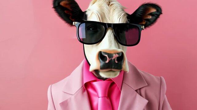 Dapper Bovine: A stylish bovine, decked out in a smart suit and cool shades, exuding confidence and charisma against a vibrant backdrop, perfectly embodying modern flair and farm charm.