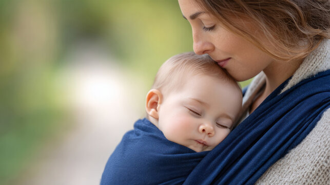 Tender moment of parent comforting sleeping baby in carrier for family bonding concept