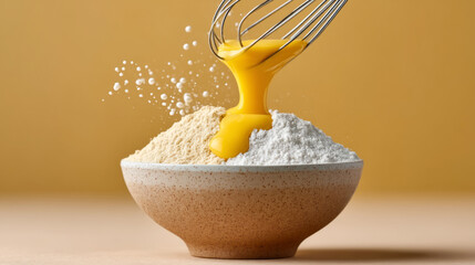 Whisk mixing egg yolk and flour in ceramic bowl against yellow background