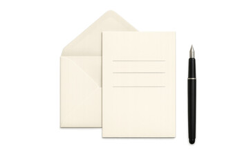 Stationery set with fountain pen, open envelope, and lined paper