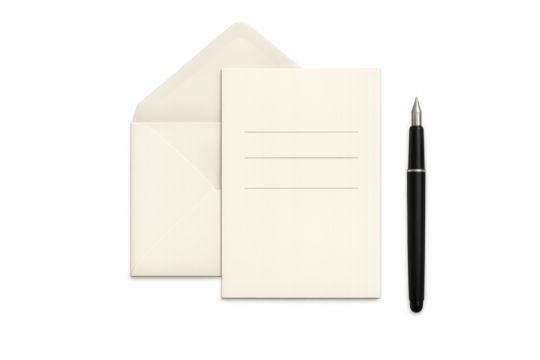 Stationery set with fountain pen, open envelope, and lined paper