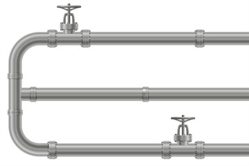 Realistic stop valve and metal pipeline. Manual rotary valve type for installation in the water supply system. Сonstruction industry. Vector illustration isolated on white background