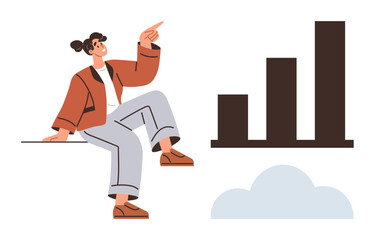 Woman sitting and pointing at a rising bar chart with a cloud beneath, representing growth, ambition, goal achievement, career success, business strategies, progress visualization, and innovation. A